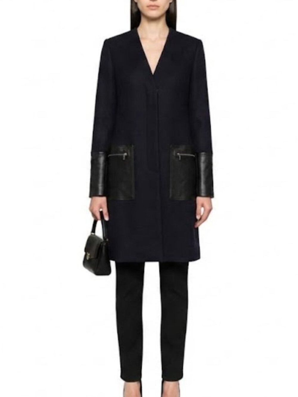 Paul Brial France Chic Navy Coat w/Faux Leather Accents